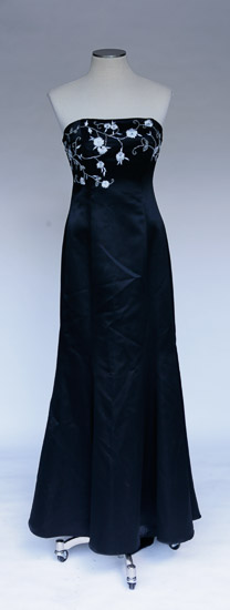 Long Black Strapless Dress with White Bodice Embroidery $15