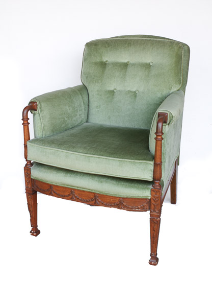 Chartreuse Plush Armchair with Wood Carved Trim $35