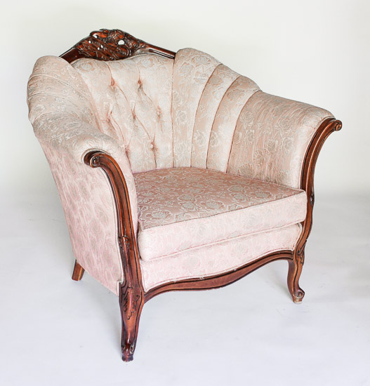 Pink Plush Chair with Carved Wood $50