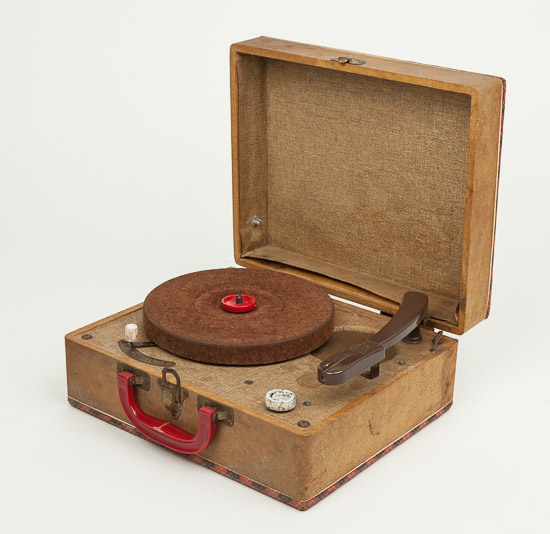 Portable Record Player with Red & Black Plaid $25