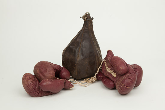 Vintage Leather Boxing Bag, Hanger & Gloves 